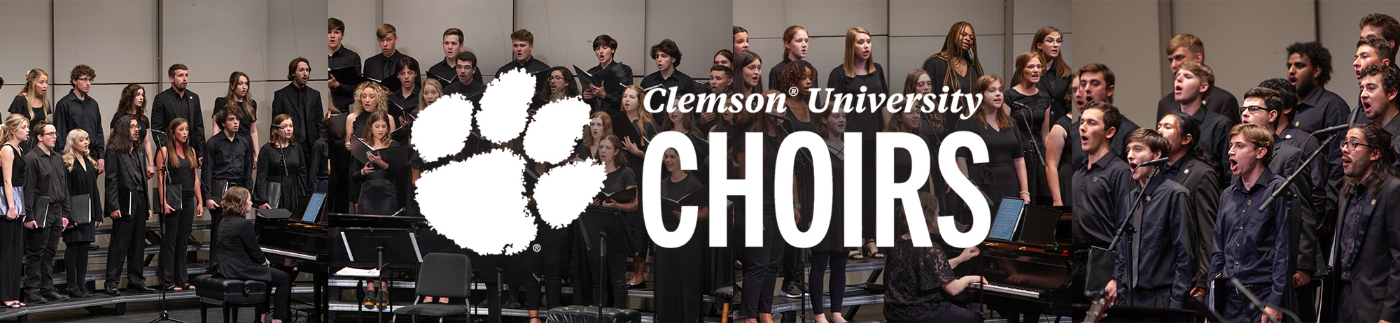 Images of Clemson Choirs performing behind a tiger paw and the words Clemson University Choirs'