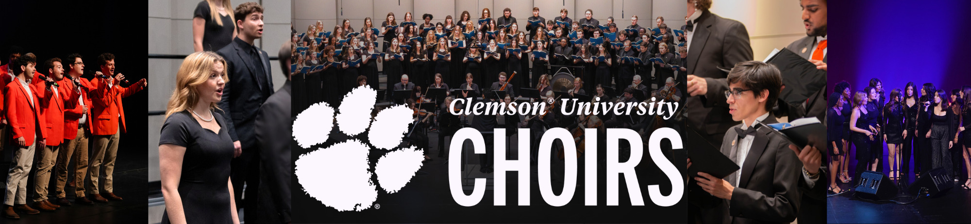 Images of Clemson Choirs rehearsing with logo